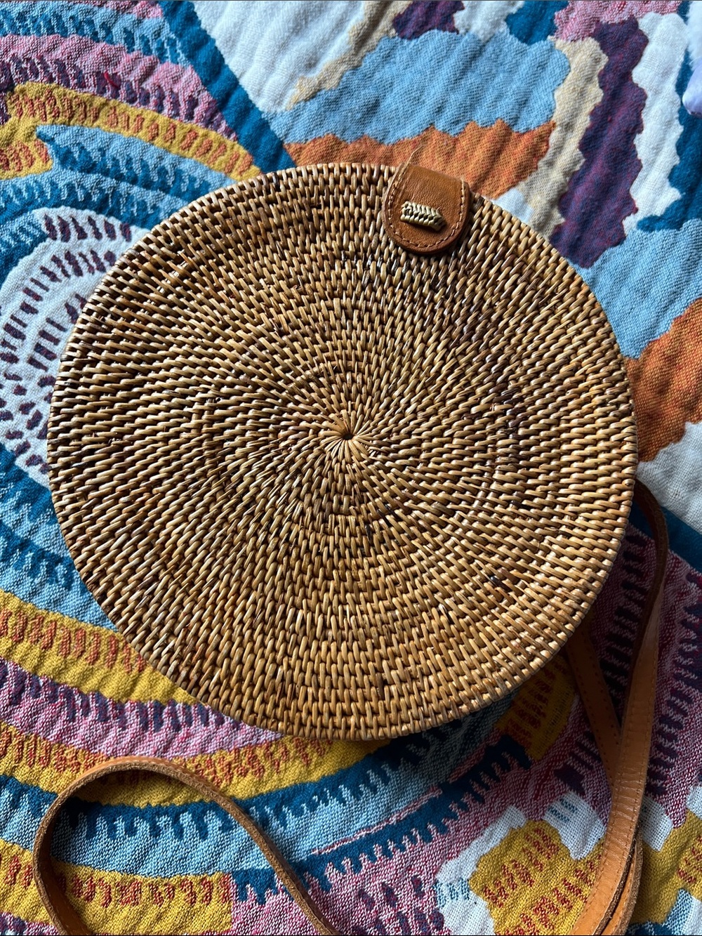 Amerii Rattan Round Woven Crossbody Bag in Tan with Leather Trim - Picture 11 of 11